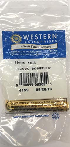 Packaging of the Western 15-3 Regulator Inlet Nipples by Western Enterprises, showing the product details and compatibility with CGA standards.