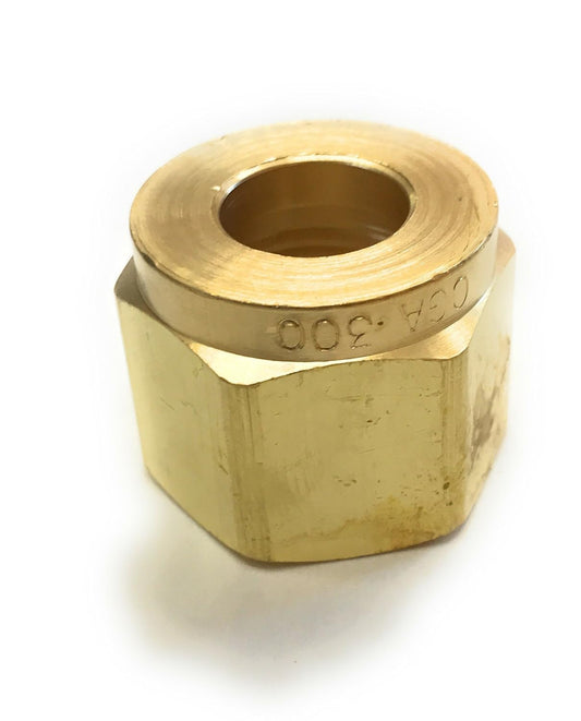 CGA-300 Hex Nut for Acetylene Gas Service by Western Enterprises, detailed view showcasing the hexagonal shape and brass material finish.