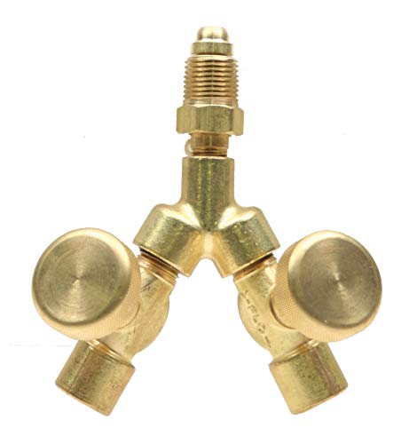 Weldmark YV-420 Valved 'Y' connections fitting made of brass, featuring two outlets designed for oxygen service, with a 5/8"-18 RH inlet, manufactured by Superior.