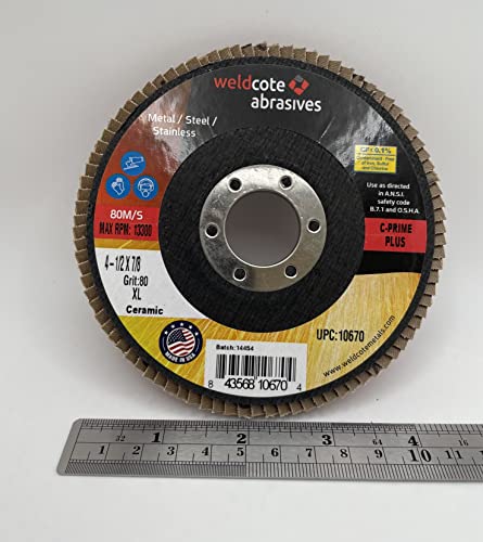 Weldcote 10670 XL Flap Discs showcasing the ceramic build, 4.5" size, 80 grit, 7/8" arbor, ideal for metal and stainless steel, provided by Weldcote Metals.