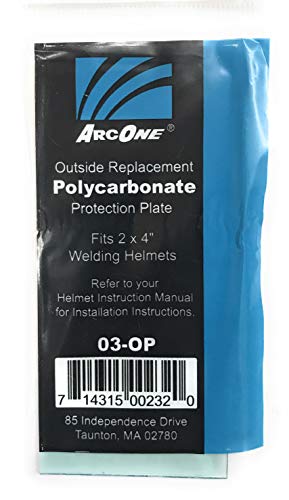 ArcOne 03-OP Clear Polycarbonate Protection Plate for 2 x 4 Helmets, 0.040 thickness, pack of 5, durable and scratch-resistant, designed for optimal visibility and safety during welding.