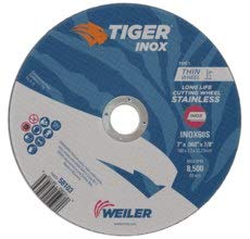 Weiler 58103 Tiger INOX Cutting Wheel, 7" Type 1 for precise metal cutting. Features a 7/8" arbor and designed for stainless steel applications. Pack of 25.