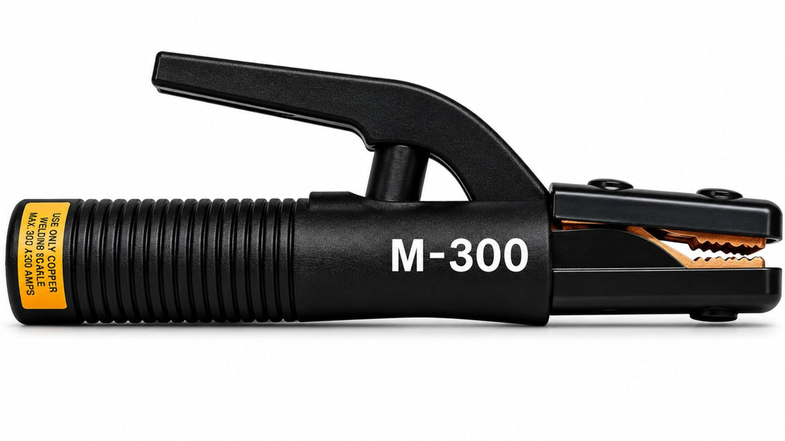 M-300 electrode holder with insulated handle and strong copper jaw clamp for professional welding applications