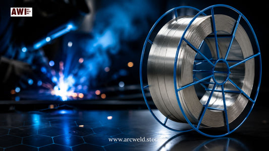 ER316L stainless steel MIG welding wire spool with blue reel in industrial welding workshop background, corrosion-resistant 0.035 inch MIG wire for stainless steel fabrication.
