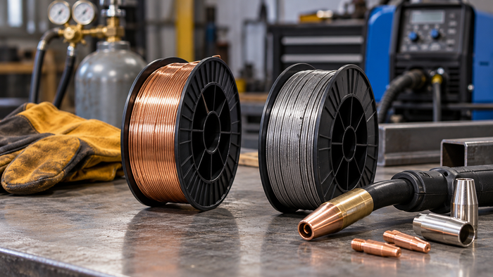 Two unbranded spools of fine copper-colored and gray welding wire beside an inactive MIG gun and contact tips on a steel workbench