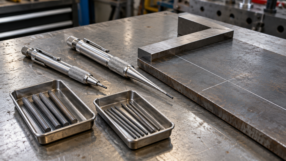 Generic metal-layout pencil holders and separate marking cores beside a steel square and marked steel plate on a workshop bench.