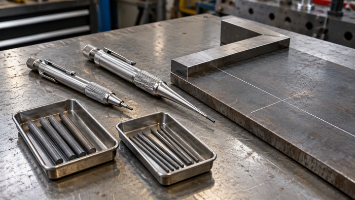 Generic metal-layout pencil holders and separate marking cores beside a steel square and marked steel plate on a workshop bench.