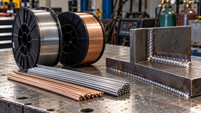 Generic welding wire spools and straight filler rods displayed for inspection beside a steel weldment; not a long-term storage setup.