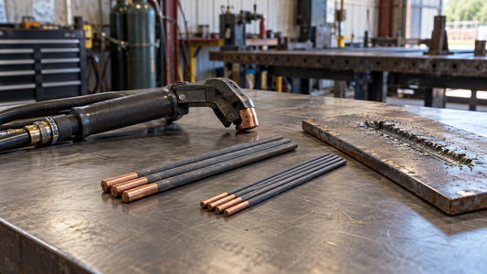 Air carbon-arc gouging torch with copperclad pointed gouging electrodes of different diameters on a steel workbench