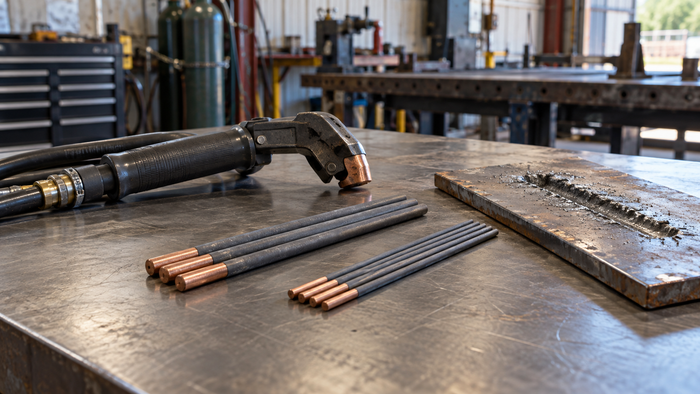 Air carbon-arc gouging torch with copperclad pointed gouging electrodes of different diameters on a steel workbench