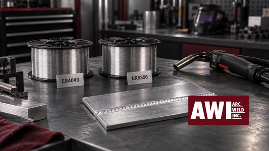 ER4043 and ER5356 aluminum MIG wire spools beside an aluminum weld sample and inactive MIG gun, with the approved Arc Weld Inc. logo