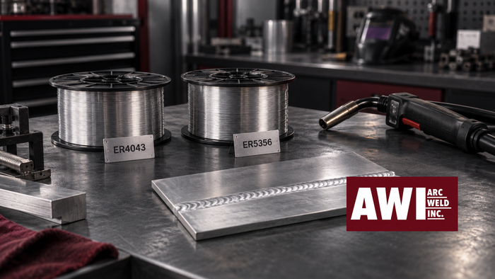 ER4043 and ER5356 aluminum MIG wire spools beside an aluminum weld sample and inactive MIG gun, with the approved Arc Weld Inc. logo