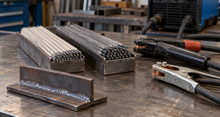 Unbranded coated stick welding electrodes, electrode holders and work clamp arranged on an inactive steel workbench