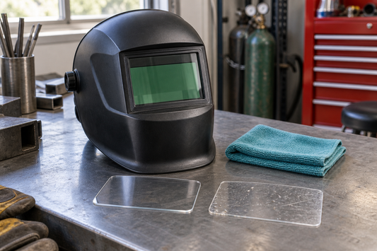 Black welding helmet beside clean and scratched clear cover lenses and a folded microfiber cloth on a workbench.