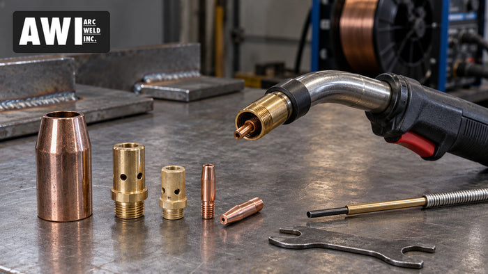 Illustration of a generic MIG gun neck, gas diffusers, contact tips, nozzle and liner on a steel workbench with the approved AWI Arc Weld Inc. logo.