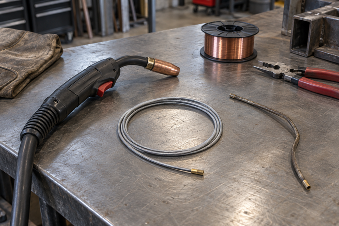 MIG gun beside a clean coiled replacement liner and a worn kinked liner section on a steel workbench.