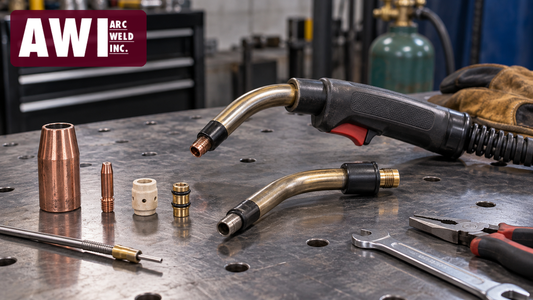 Generic MIG gun and detached replacement neck with nozzle, contact tip and hand tools on a steel workbench, with the AWI Arc Weld Inc. logo.