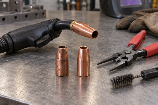 MIG gun, clean and spatter-marked copper nozzles, welding pliers and a nozzle brush on a steel workbench.