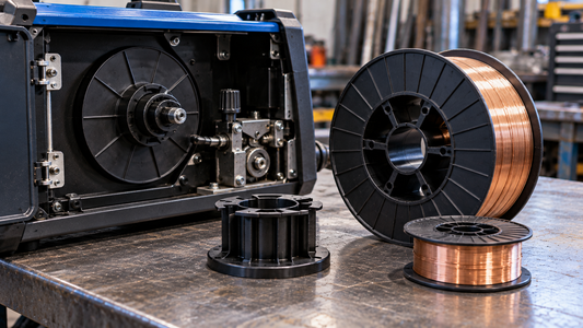 Unbranded MIG wire feeder beside an adapter and small and large wire spools on a steel workbench; illustrative workshop scene.