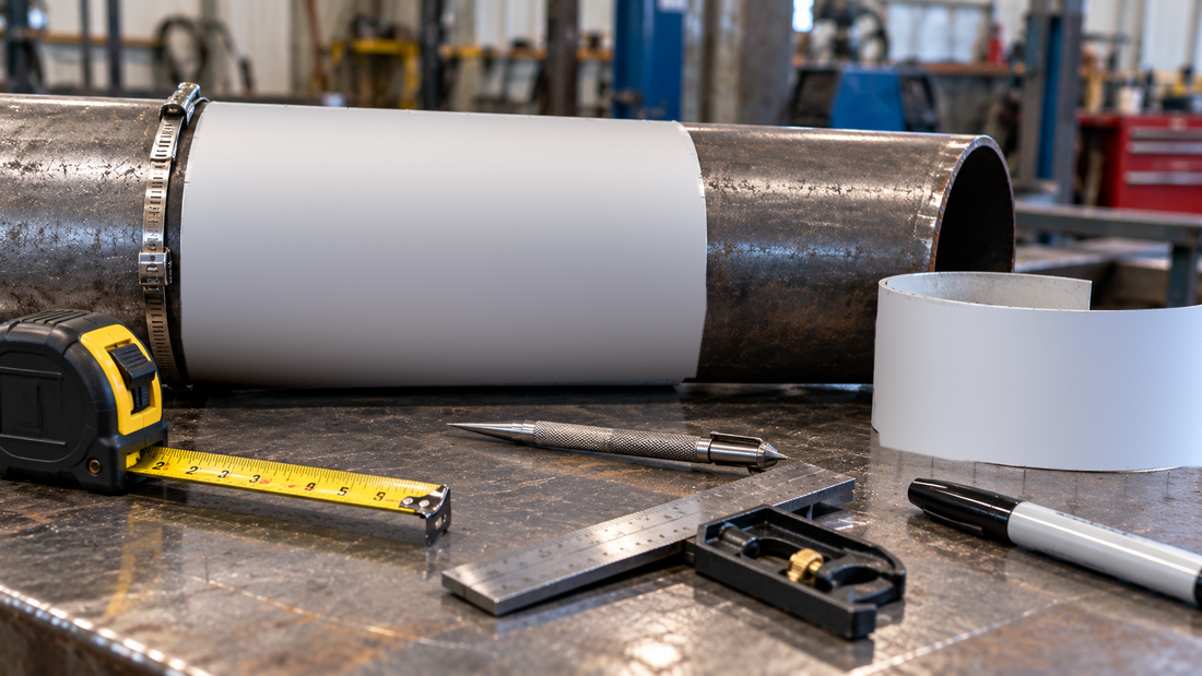 Illustrative unbranded pipe-layout wrap around a steel pipe on a workbench beside a tape measure, scribe, and combination square.