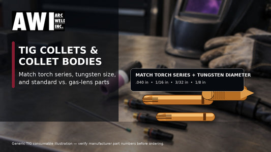 Arc Weld Inc. TIG collet and collet-body fitment guide for matching torch series and tungsten diameter