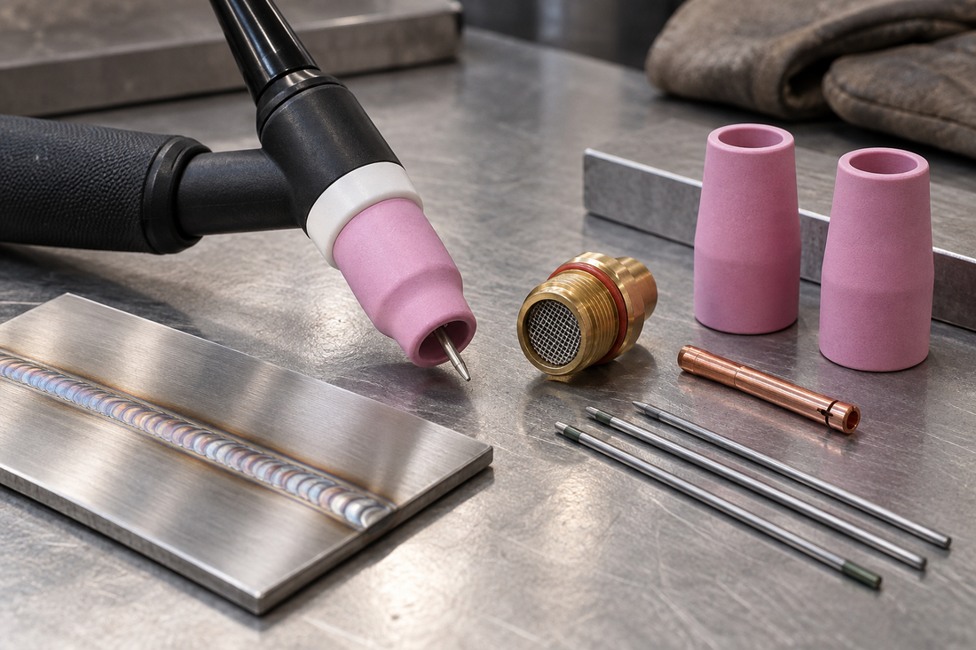 TIG torch with ceramic cup, gas lens, collet and tungsten electrodes beside a stainless steel weld on a workbench.