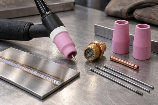 TIG torch with ceramic cup, gas lens, collet and tungsten electrodes beside a stainless steel weld on a workbench.