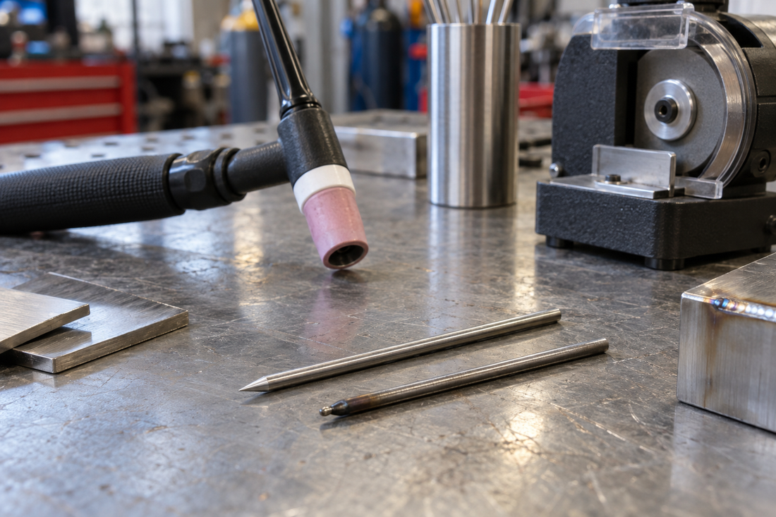 TIG torch beside one clean pointed tungsten electrode and one dark contaminated electrode on a metal workbench with a dedicated grinder.