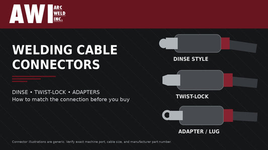 Arc Weld Inc. guide to matching welding cable connectors, including generic Dinse-style, twist-lock, and adapter connector illustrations