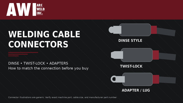 Arc Weld Inc. guide to matching welding cable connectors, including generic Dinse-style, twist-lock, and adapter connector illustrations