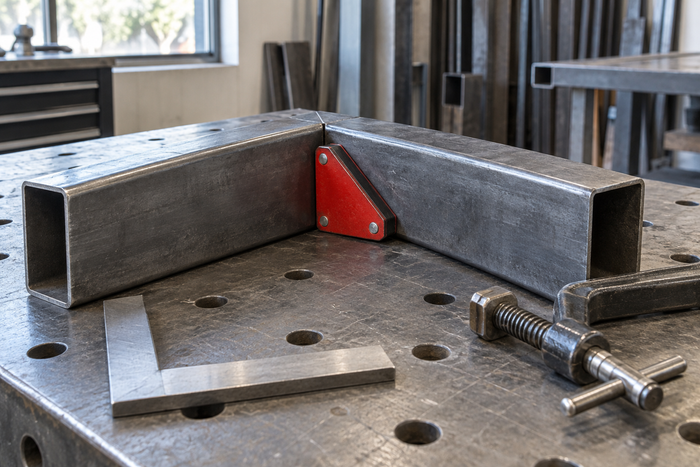 Red welding magnet holding square steel tubing at a right-angle corner on a workbench, with a square and clamp nearby.