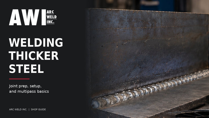 Illustration of a thick steel T-joint and fillet weld beside the white AWI Arc Weld Inc. logo and the title Welding Thicker Steel.