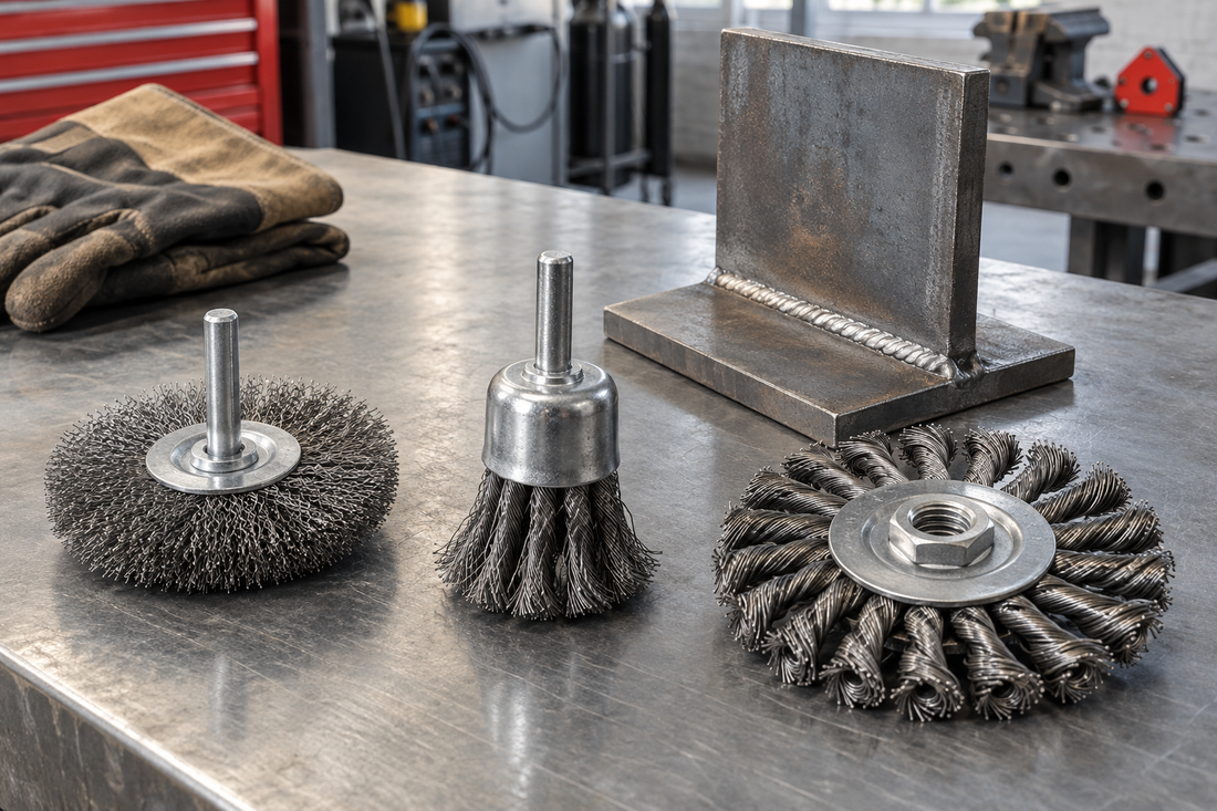 Crimped wire wheel, knotted end brush, and twisted-knot wire wheel beside a welded steel T-joint on a workbench.
