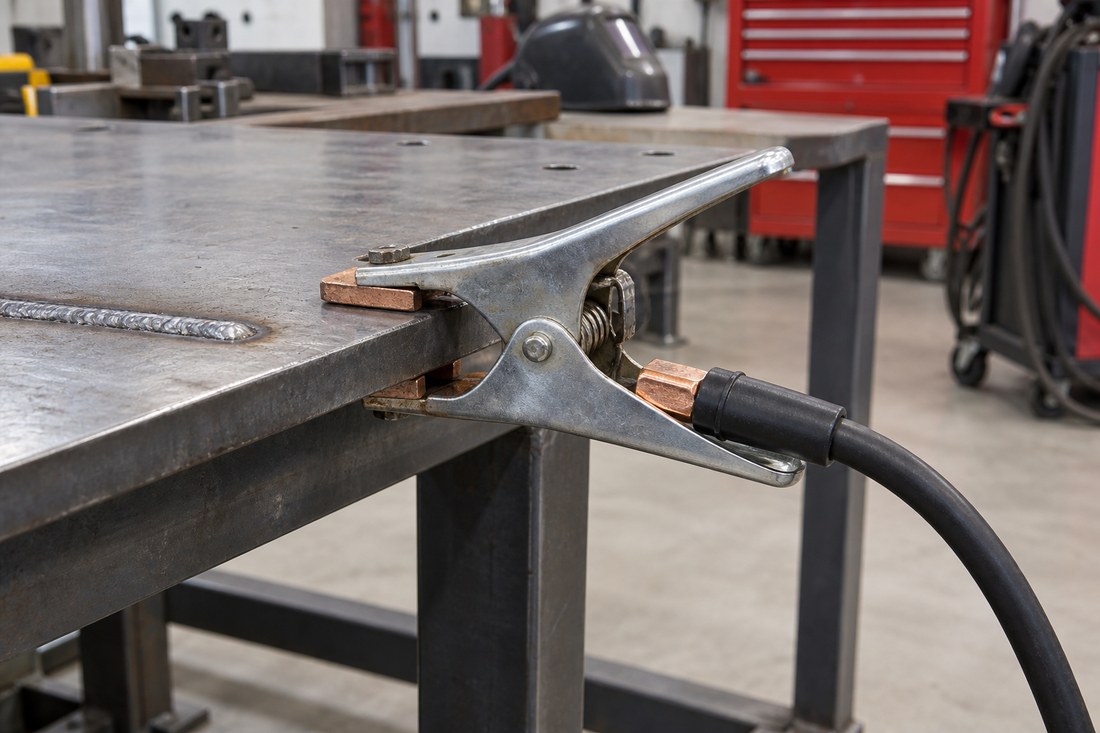 Welding work clamp with copper jaws gripping a bare steel plate, with an attached black cable beside a completed weld bead.