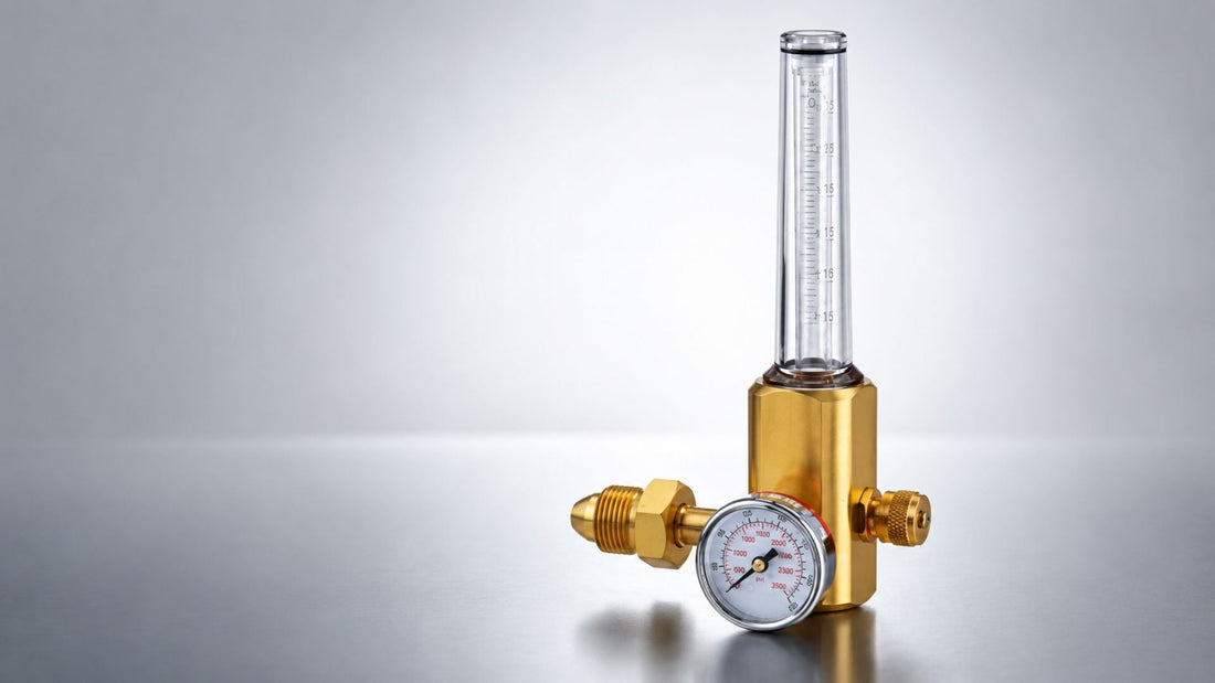 Argon regulator with flow meter and pressure gauge for TIG and MIG welding gas cylinder control.
