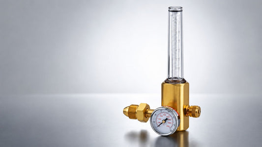 Argon regulator with flow meter and pressure gauge for TIG and MIG welding gas cylinder control.