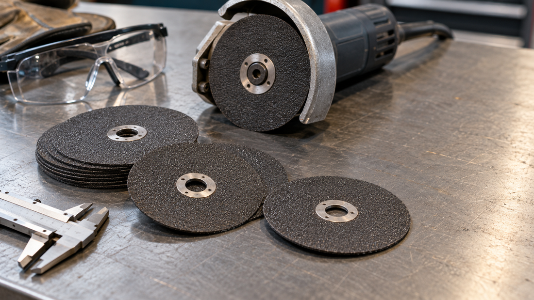 Unbranded abrasive cut-off wheels, guarded inactive grinder, safety glasses, and caliper on a workshop bench