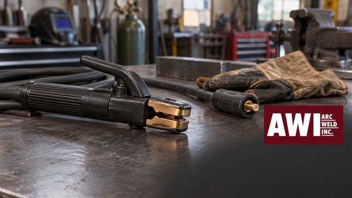 Disconnected electrode holder and welding cable on a workbench for inspection, with the approved Arc Weld Inc. AWI logo