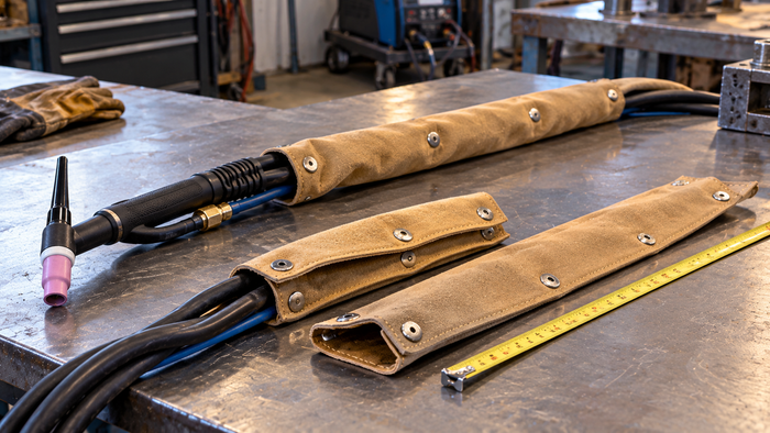 Generic inactive TIG torch cable and hoses with tan leather snap-on protective sleeves on a workbench, illustrating cable cover sizing and installation.