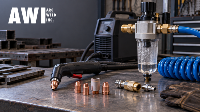 Plasma cutter compressed-air moisture separator and consumables on a fabrication workbench with the approved Arc Weld Inc. logo
