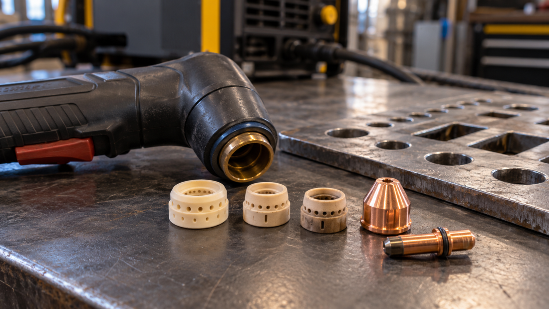 Illustrative generic plasma torch, perforated swirl rings, copper-colored nozzle and electrode on a steel workbench.