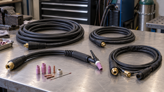 TIG torch power cables, connectors, torch handle, and consumables arranged on a welding workbench