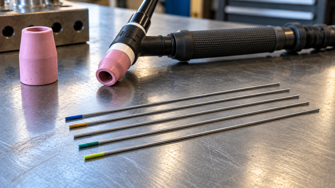 Five slender TIG tungsten electrodes with blue, gold, gray, green and chartreuse identification bands on an inactive welding workbench beside a TIG torch