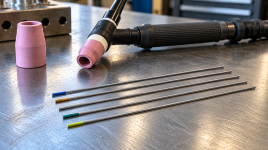 Five slender TIG tungsten electrodes with blue, gold, gray, green and chartreuse identification bands on an inactive welding workbench beside a TIG torch