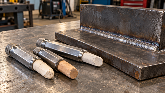 Generic temperature-indicating crayons in plain metal holders beside a steel weldment on an inactive fabrication bench.