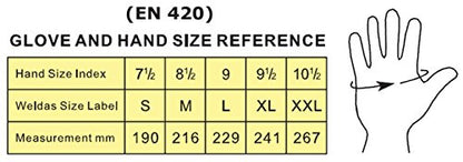 Size reference chart for COMFOflex welding gloves, displaying hand size index and corresponding glove sizes from S to XXL, aiding customers in selecting the perfect fit for their welding needs.