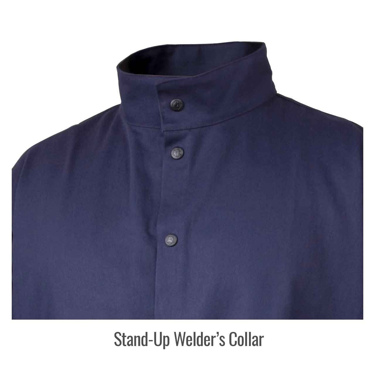 Close-up of Black Stallion JF1625-NG Stretch-Back FR Cotton Welding Jacket front snap detailing, emphasizing durability and safety features of this flame resistant welding jacket.