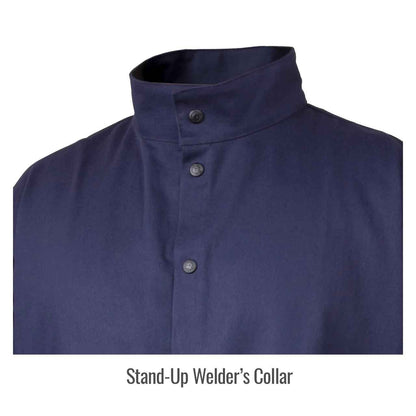 Close-up of Black Stallion JF1625-NG Stretch-Back FR Cotton Welding Jacket front snap detailing, emphasizing durability and safety features of this flame resistant welding jacket.