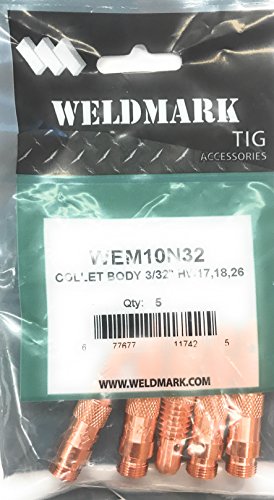 Weldmark TIG Collet Body Pack of 5 for #17, #18, #26 Torch - Durable Welding Accessories, featuring collet bodies in a clear package with labeled details.