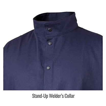 Detailed image of the front snaps and collar of the Black Stallion JF1625-NG Stretch-Back FR Cotton Welding Jacket, illustrating key features of this flame resistant welding jacket for enhanced protection.